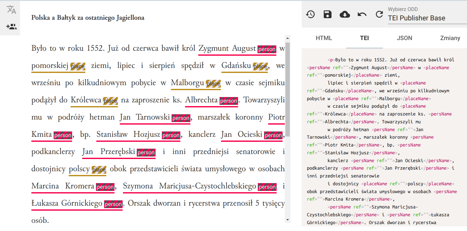 wynik NER w TEI Publisherze, tekst w języku polskim